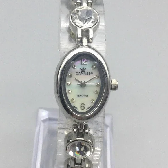 Cannes Womens Watch 17mm White MOP Silver Tone Crystal Bracelet New Battery 7" - Picture 1 of 15